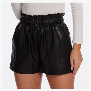 High waisted black leather paper bag shorts